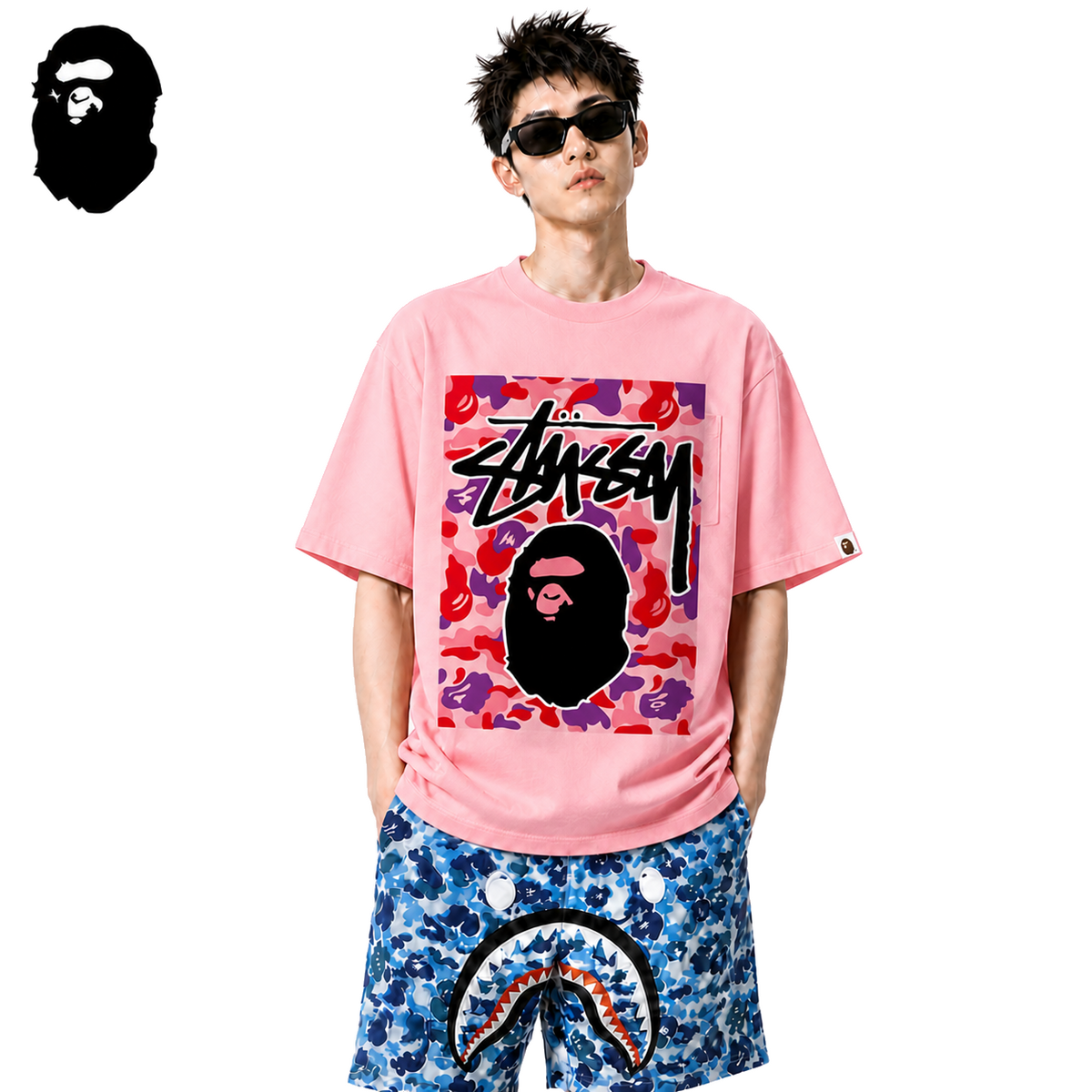 BAPE x Stussy Red Camo Back Print Men's T-Shirt - Pink