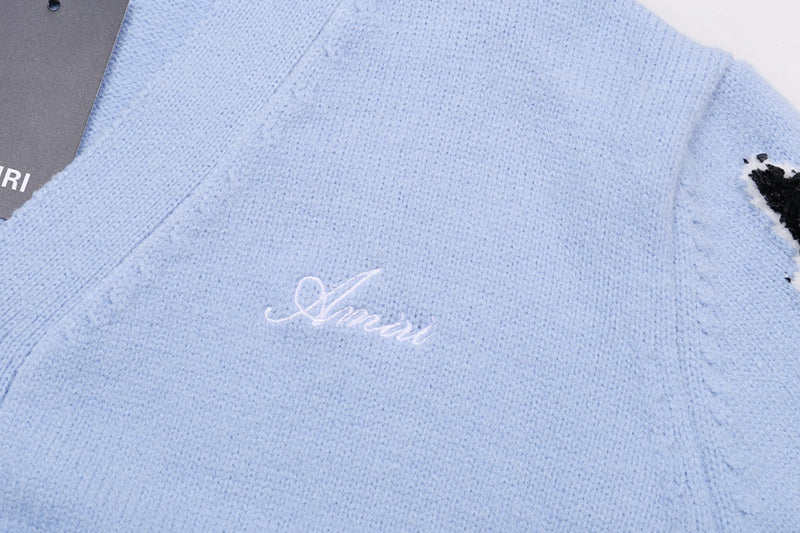 AMIRI Cotton V-Neck Bones Cardigan Sweater Blue