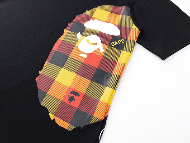 BAPE Multicolor Plaid Side Ape Head Men's T-Shirt - Black