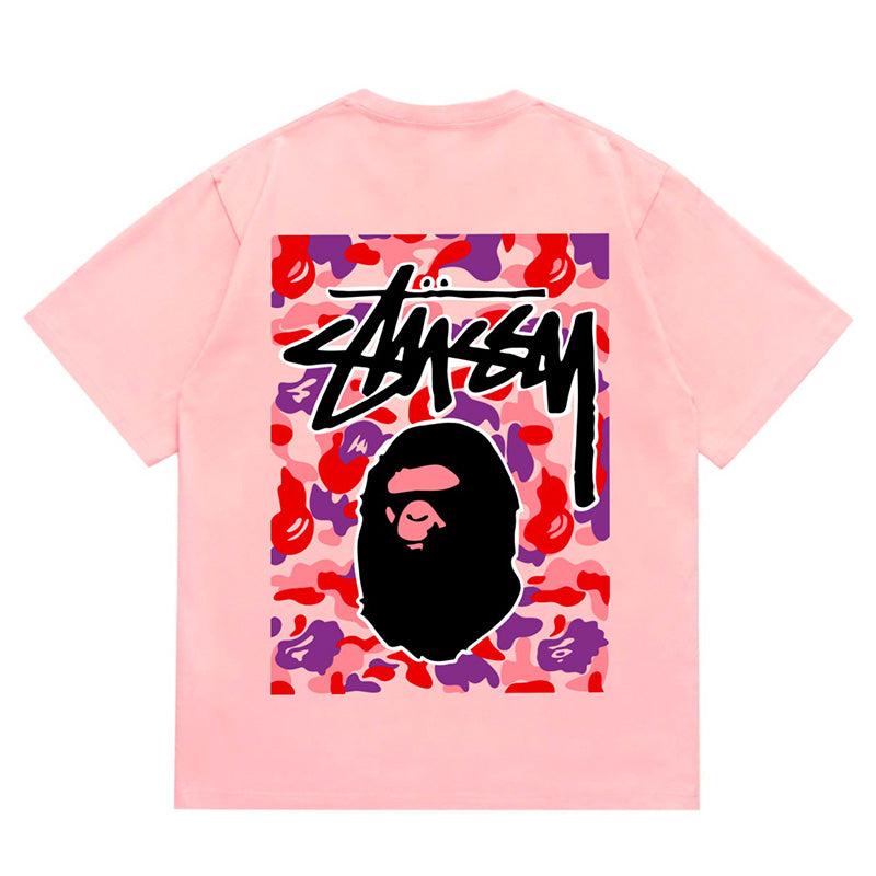 BAPE x Stussy Red Camo Back Print Men's T-Shirt - Pink
