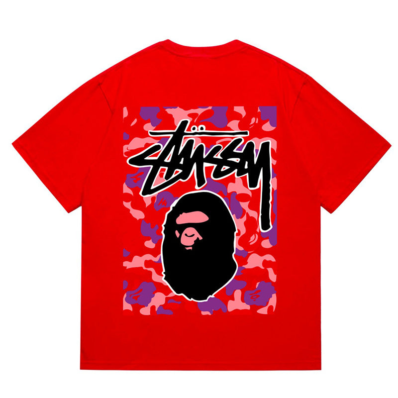 BAPE x Stussy Red Camo Back Print Men's T-Shirt - Pink