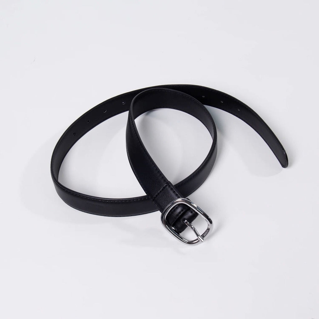 Silver Square Buckle Matte Thin Leather Belt Double Stitch Unisex Belt