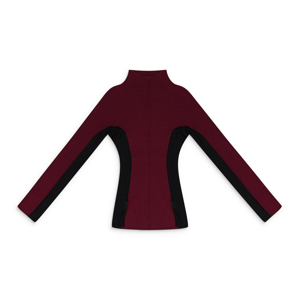 BURGUNDY MIX MEDIA TIGHT KNIT BLOUSE