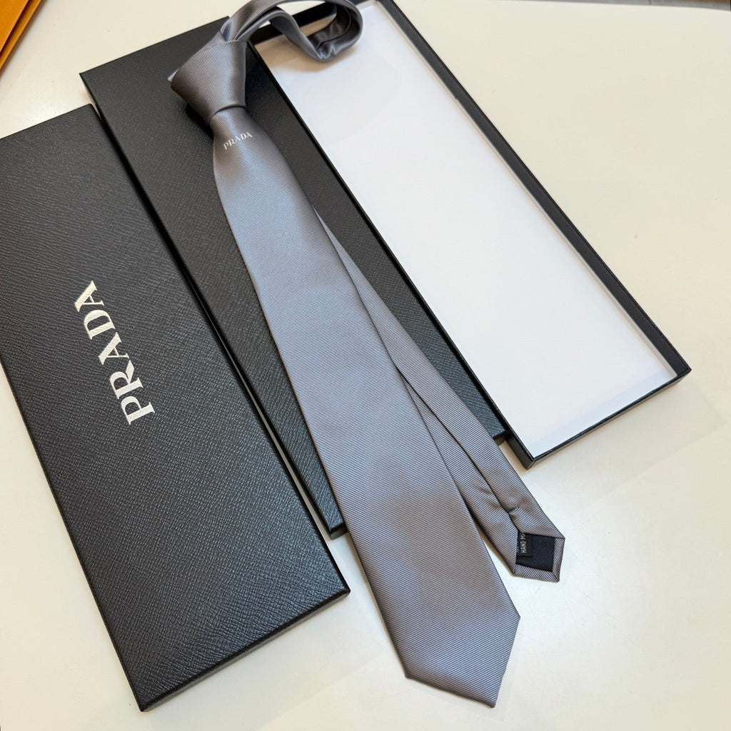 Prada Style Men's Minimal Logo Silk Tie