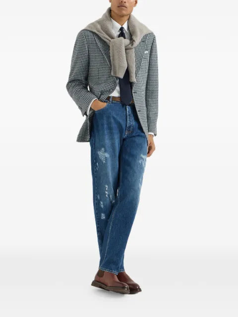 Brunello Cucinelli cashmere macro houndstooth tailor blazer with peak lapels and metal buttons