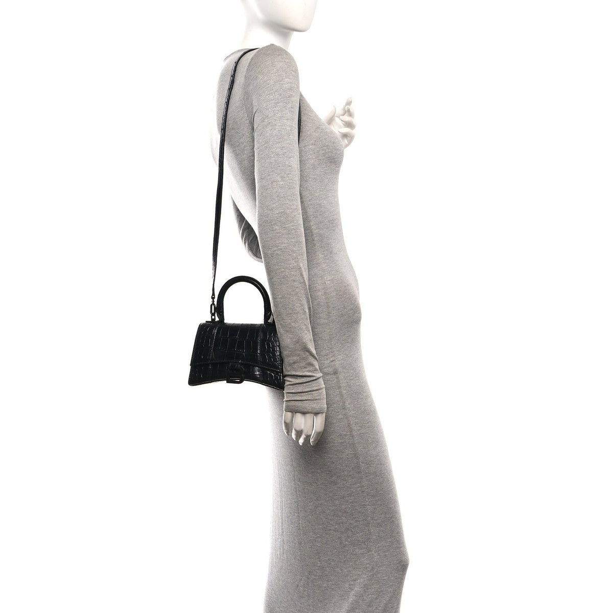 Shiny Calfskin Monochrome Crocodile Embossed Hourglass Top Handle Bag XS Black