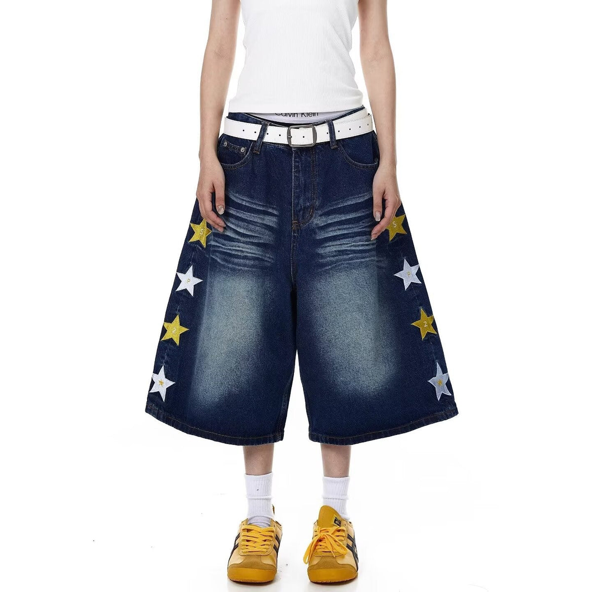 Y2K Vintage Graphic Embroidered Baggy Denim Long Shorts Streetwear