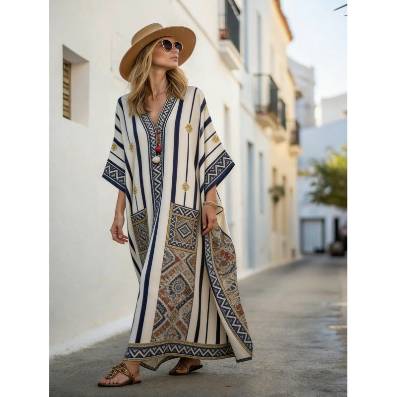 Women's Boho Striped V-Neck Pocket Kaftan Maxi Dress