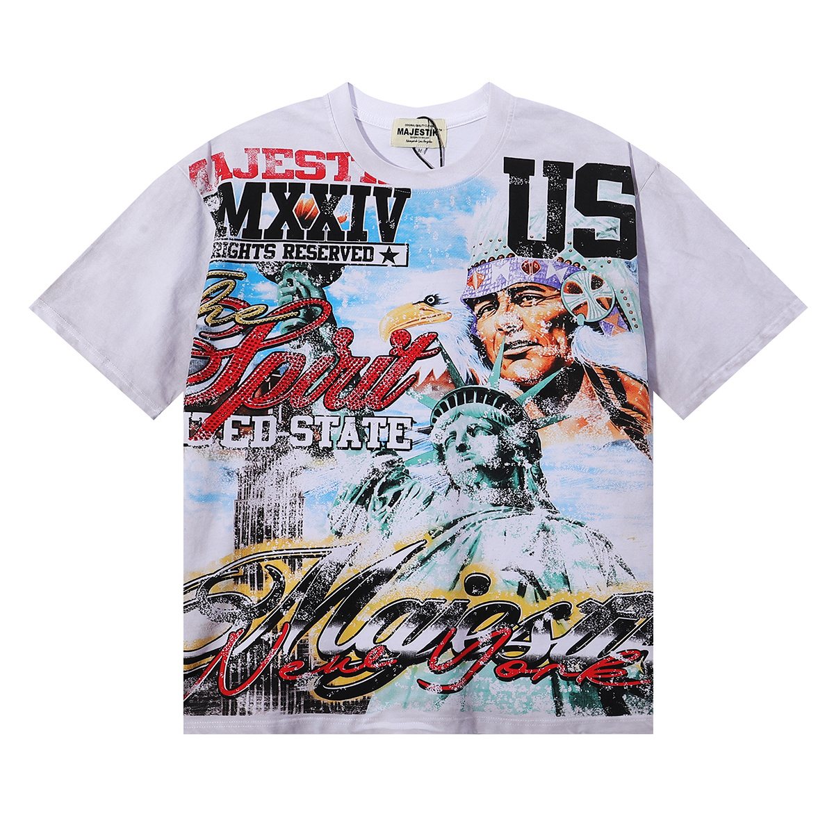MAJESTIK Liberty Statue Rhinestone Graphic T-Shirt