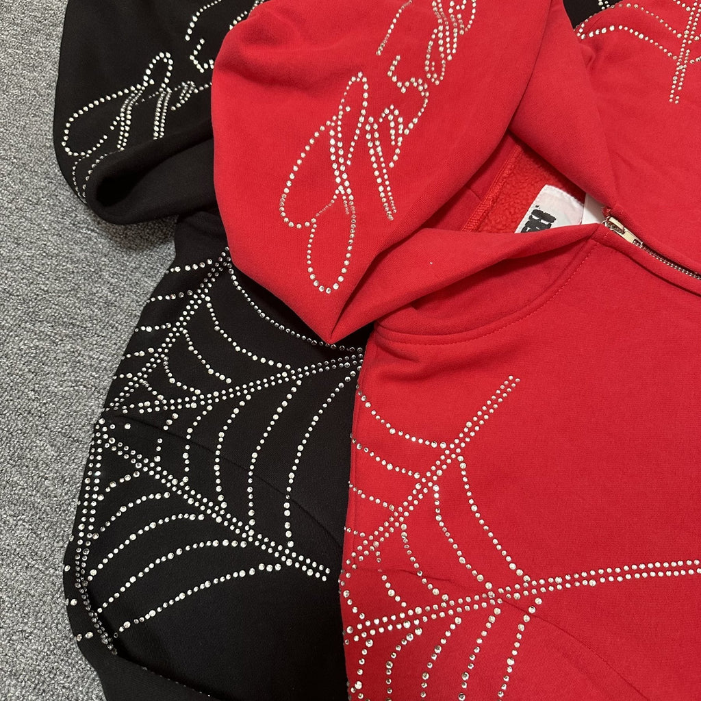 Sp5der Rhinestone Spiderweb Zip Hoodie & Pants Matching Set
