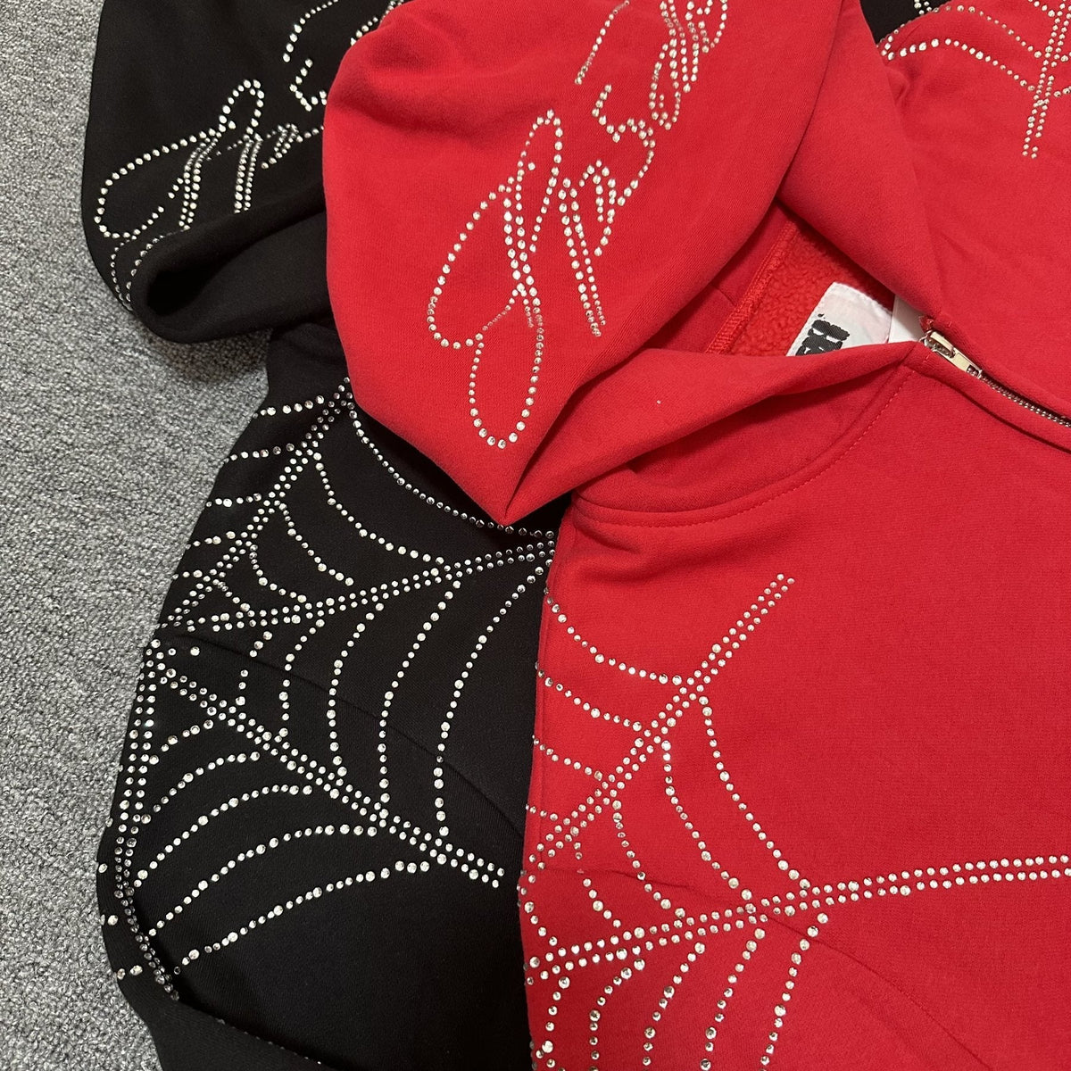 Sp5der Rhinestone Spiderweb Zip Hoodie & Pants Matching Set