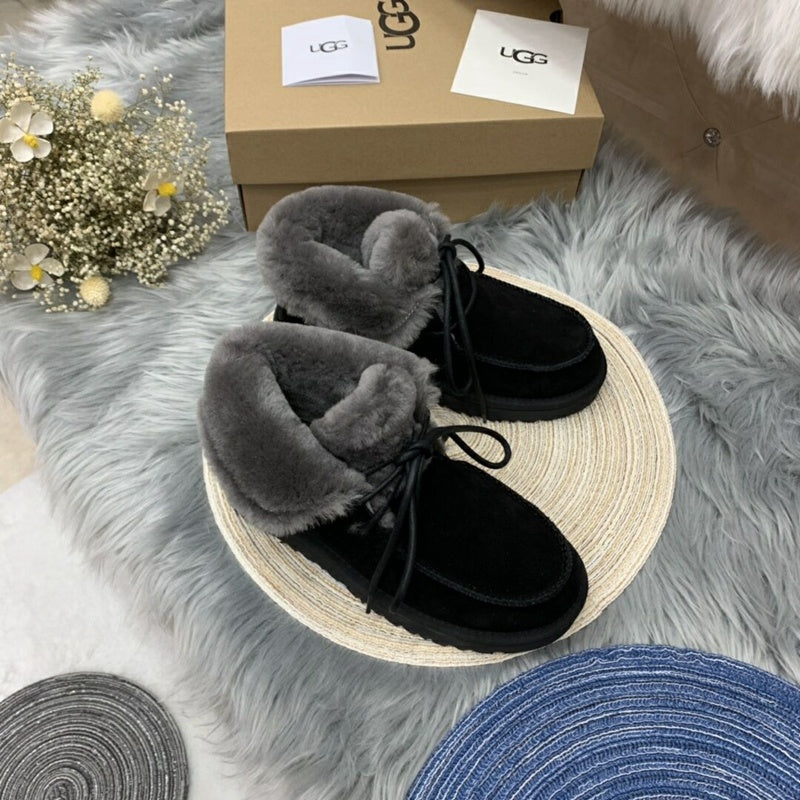 Black Fluffy Cuff Lace-Up Ankle Boots — New Arrival | In Stock