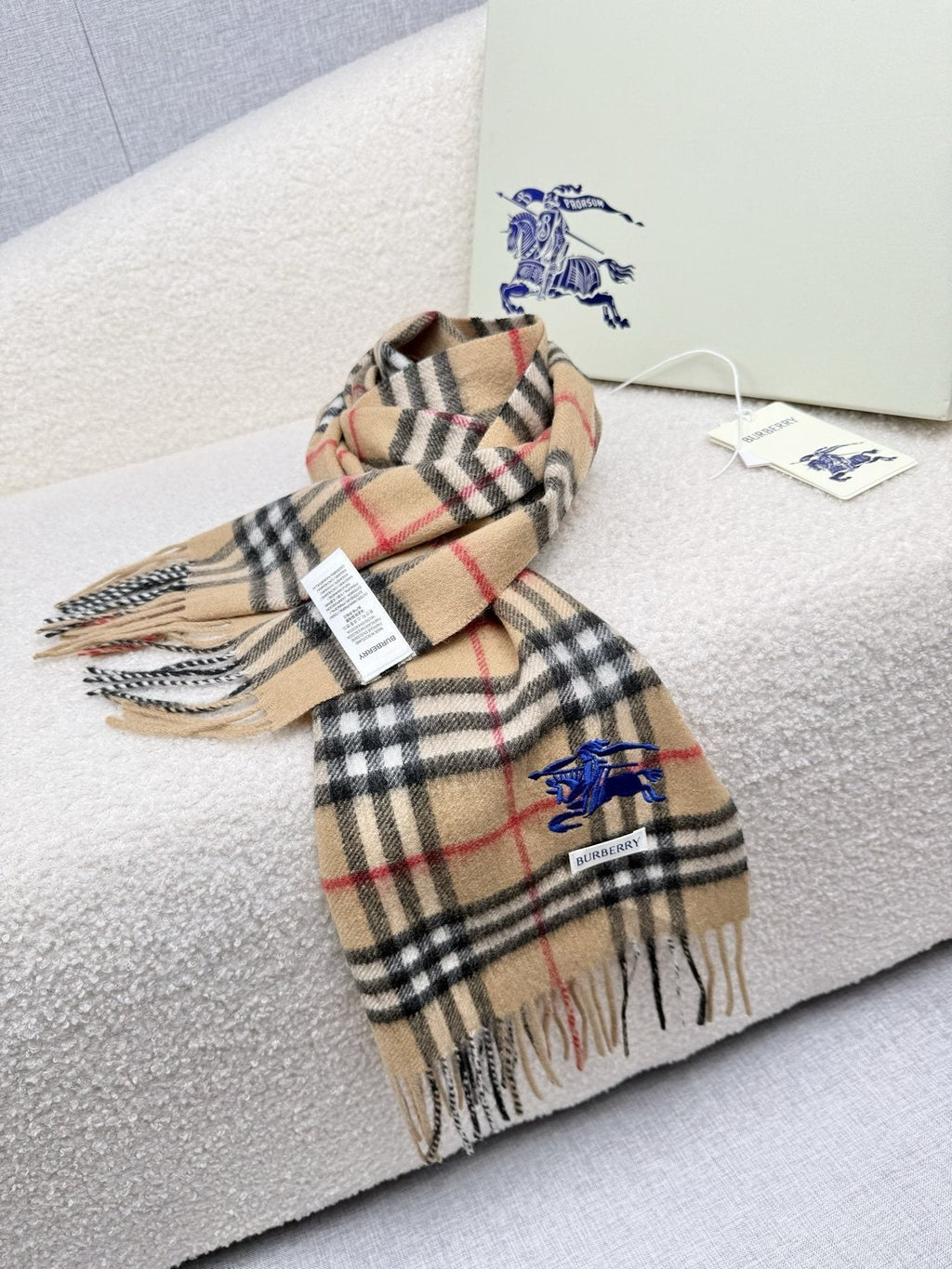Burberry Beige Check Fringed Scarf