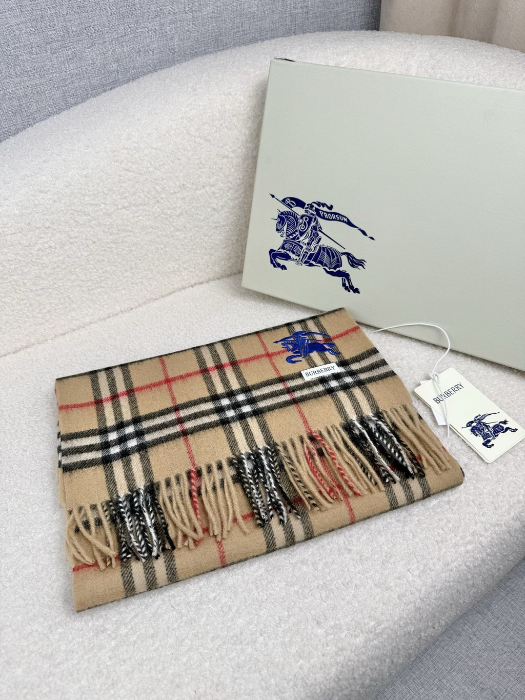 Burberry Beige Check Fringed Scarf