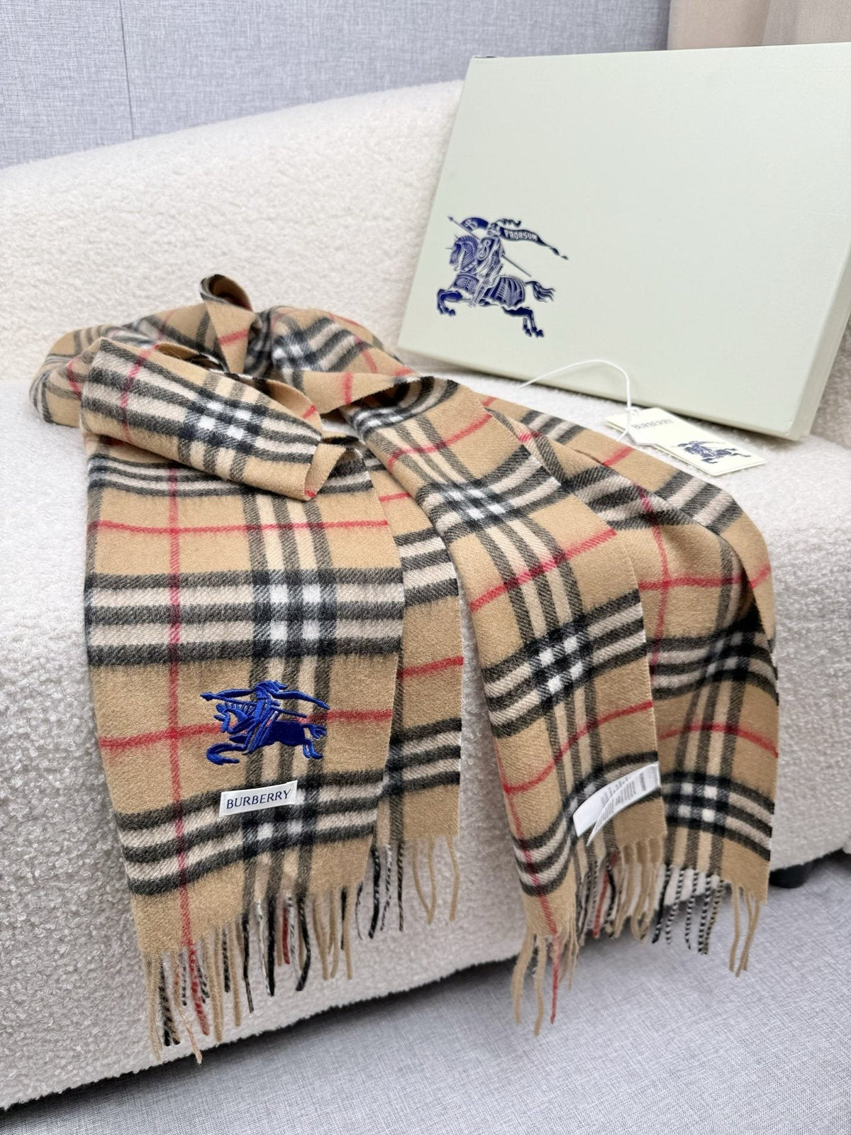Burberry Beige Check Fringed Scarf