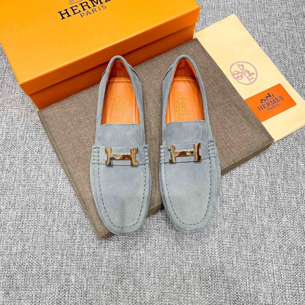 Hermès Men's Light Gray Suede Driving Loafers
