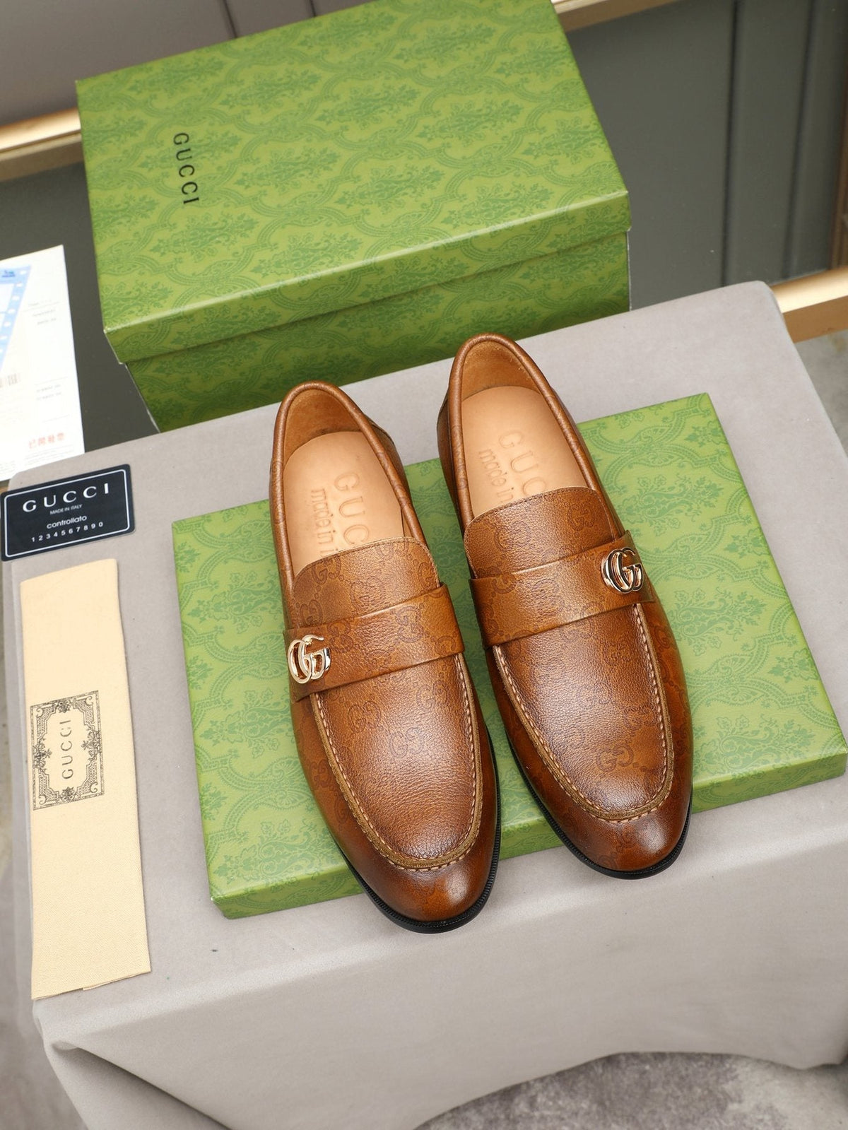 Gucci Brown Monogram Hardware Loafers
