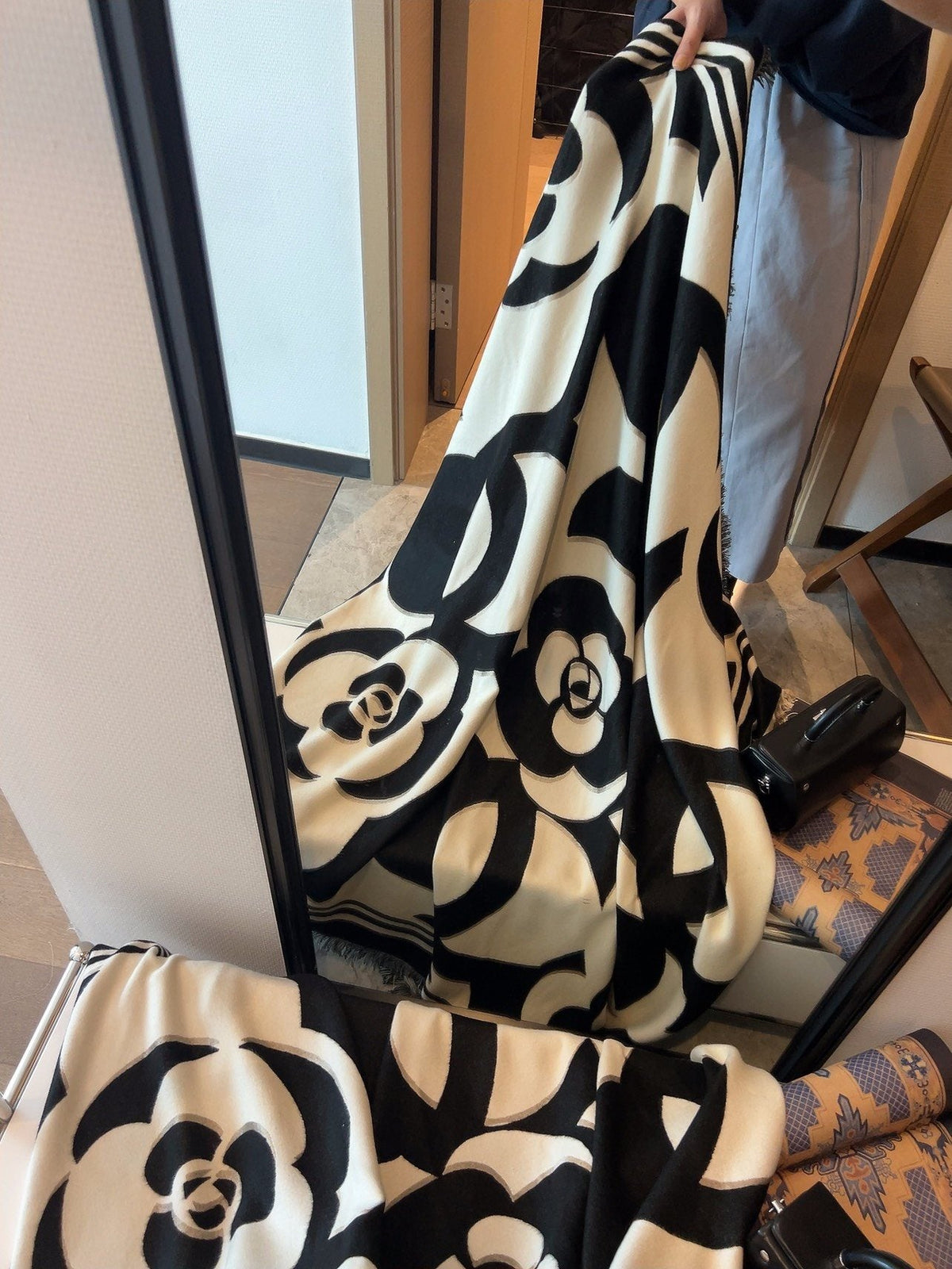 Chanel Black & Ivory Floral Scarf