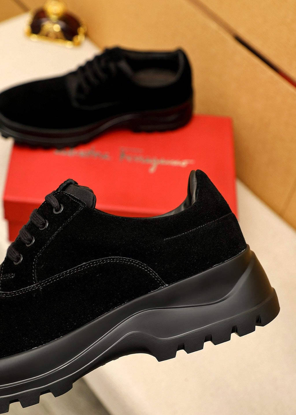Ferragamo Men's Black Lug Sole Lace-Up Shoes