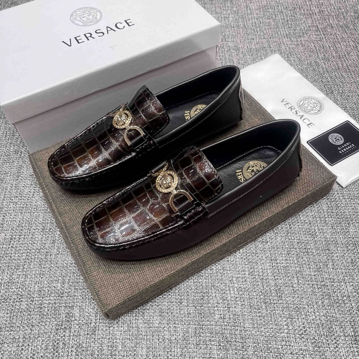 Versace Men's Dark Brown Croc-Embossed Loafers