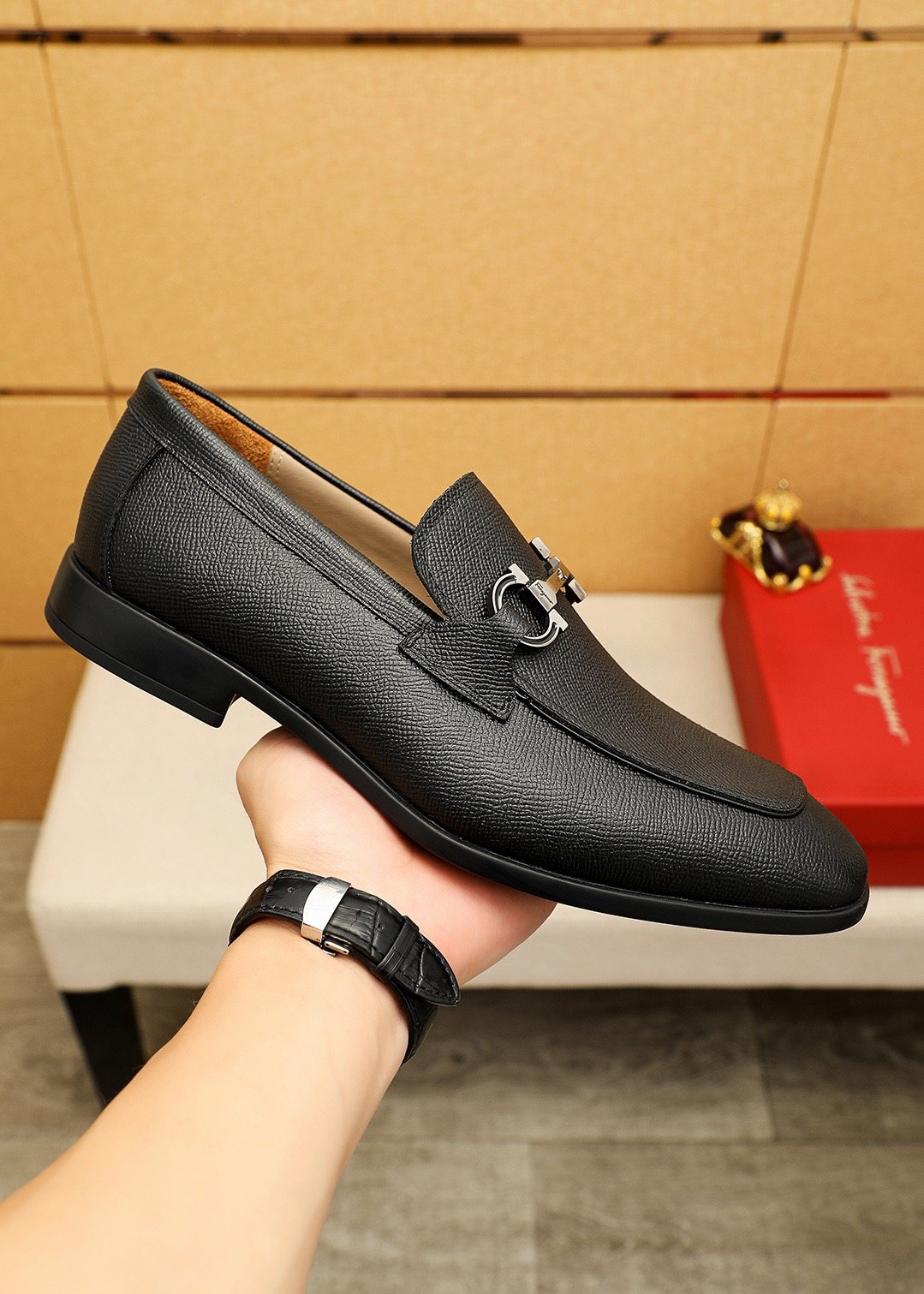 Men's Black Textured Buckle Slip-On Loafers