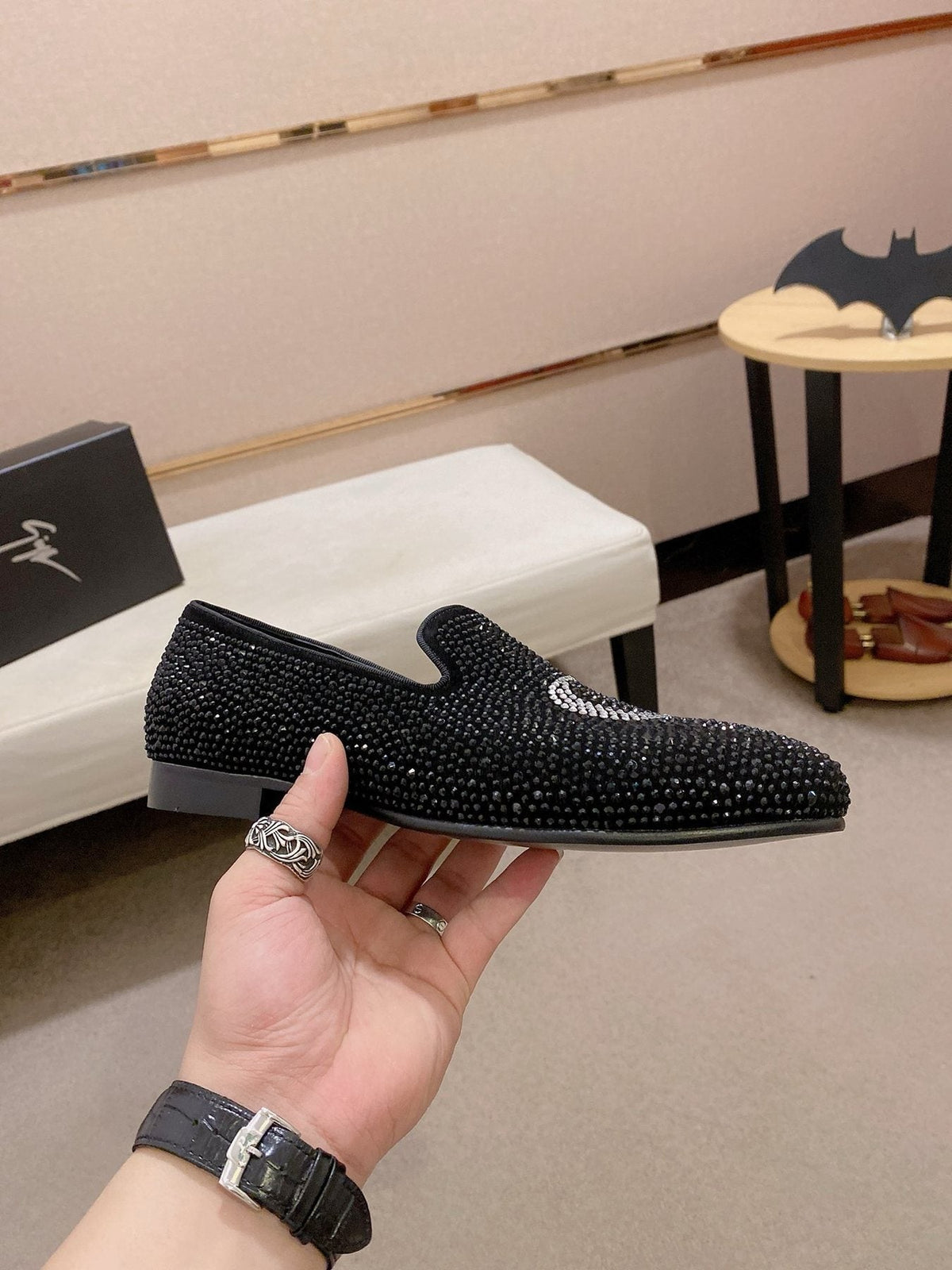 Giuseppe Zanotti Men's Black Rhinestone Loafers