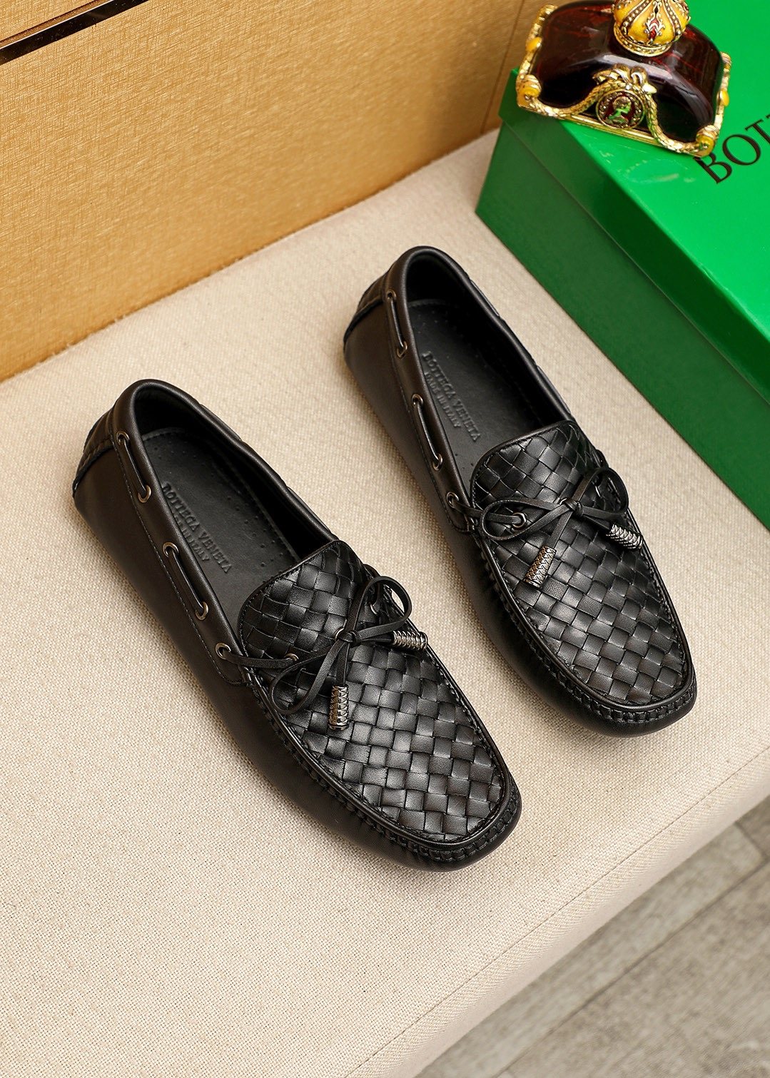 Bottega Veneta Black Woven Bow Loafers