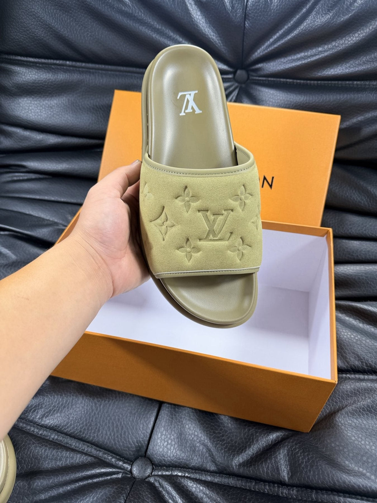 Louis Vuitton Embossed Slide Sandals - Pale Olive Green