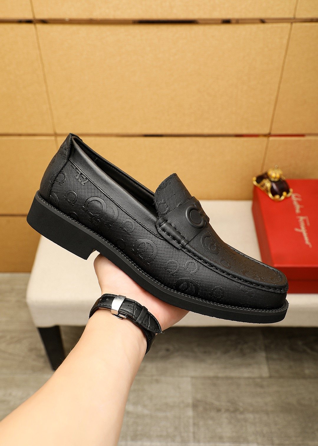 Ferragamo Men's Black Embossed Hardware Loafers