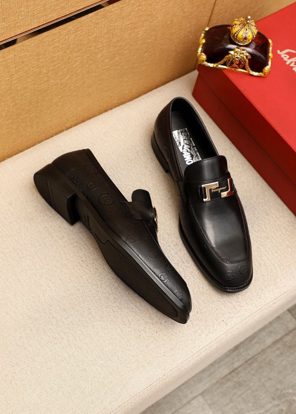 Ferragamo Black Silver-Buckle Loafers