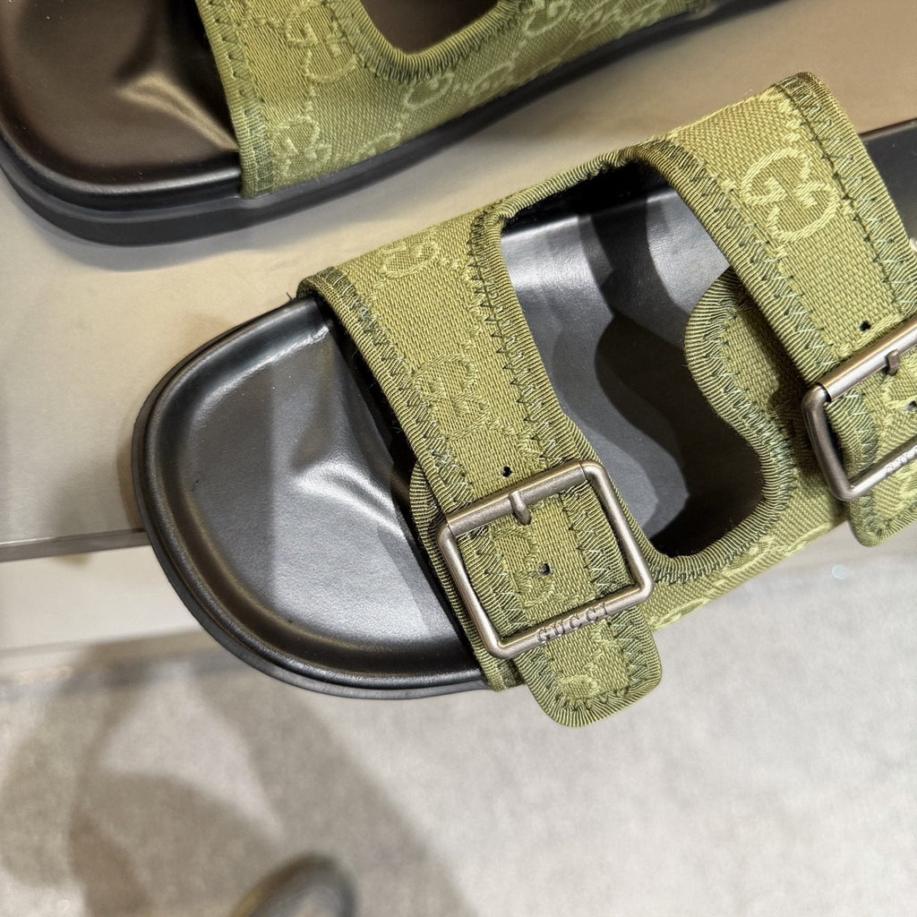 Gucci Men's Double-Buckle Monogram Slide Sandals