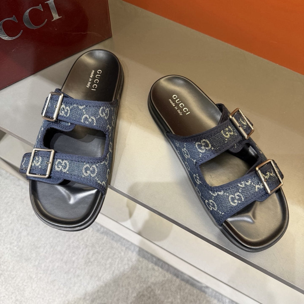 Gucci Men's Double-Buckle Monogram Slide Sandals