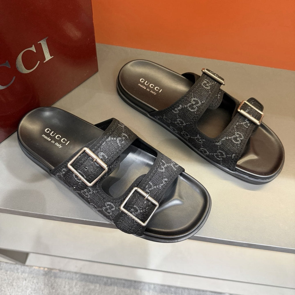 Gucci Men's Double-Buckle Monogram Slide Sandals