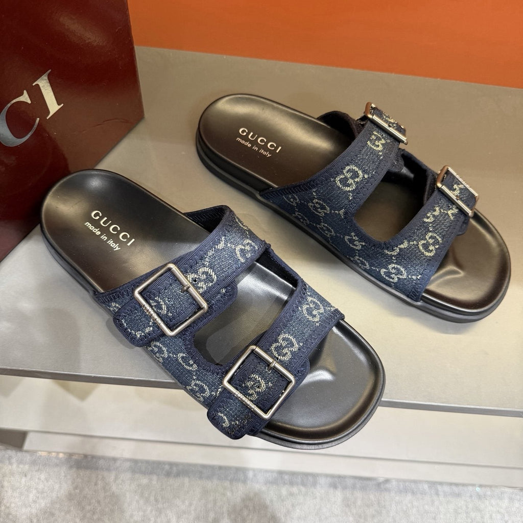 Gucci Men's Double-Buckle Monogram Slide Sandals