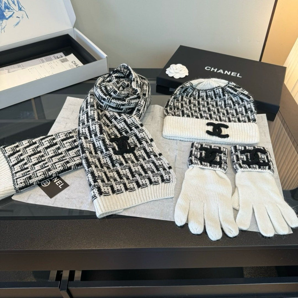 Chanel Logo Knit Hat, Scarf & Gloves Set
