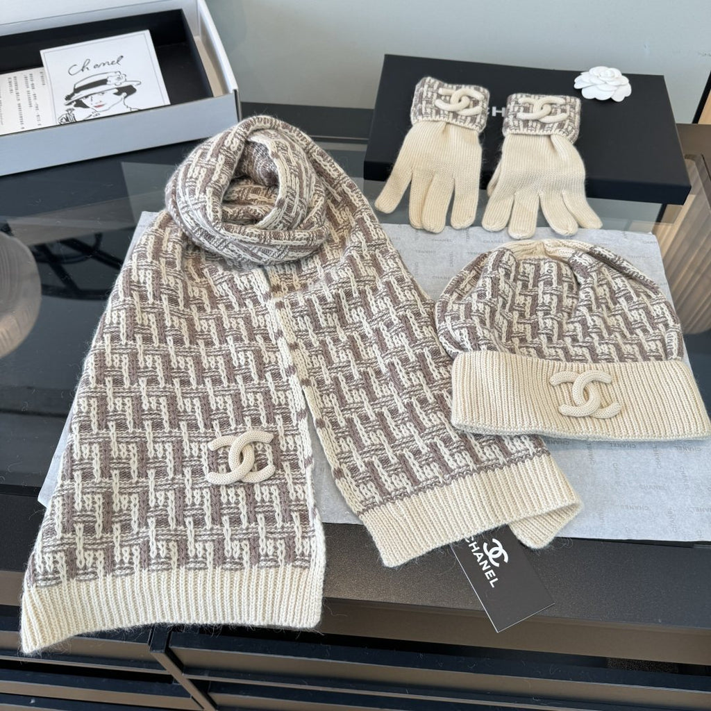 Chanel Logo Knit Hat, Scarf & Gloves Set