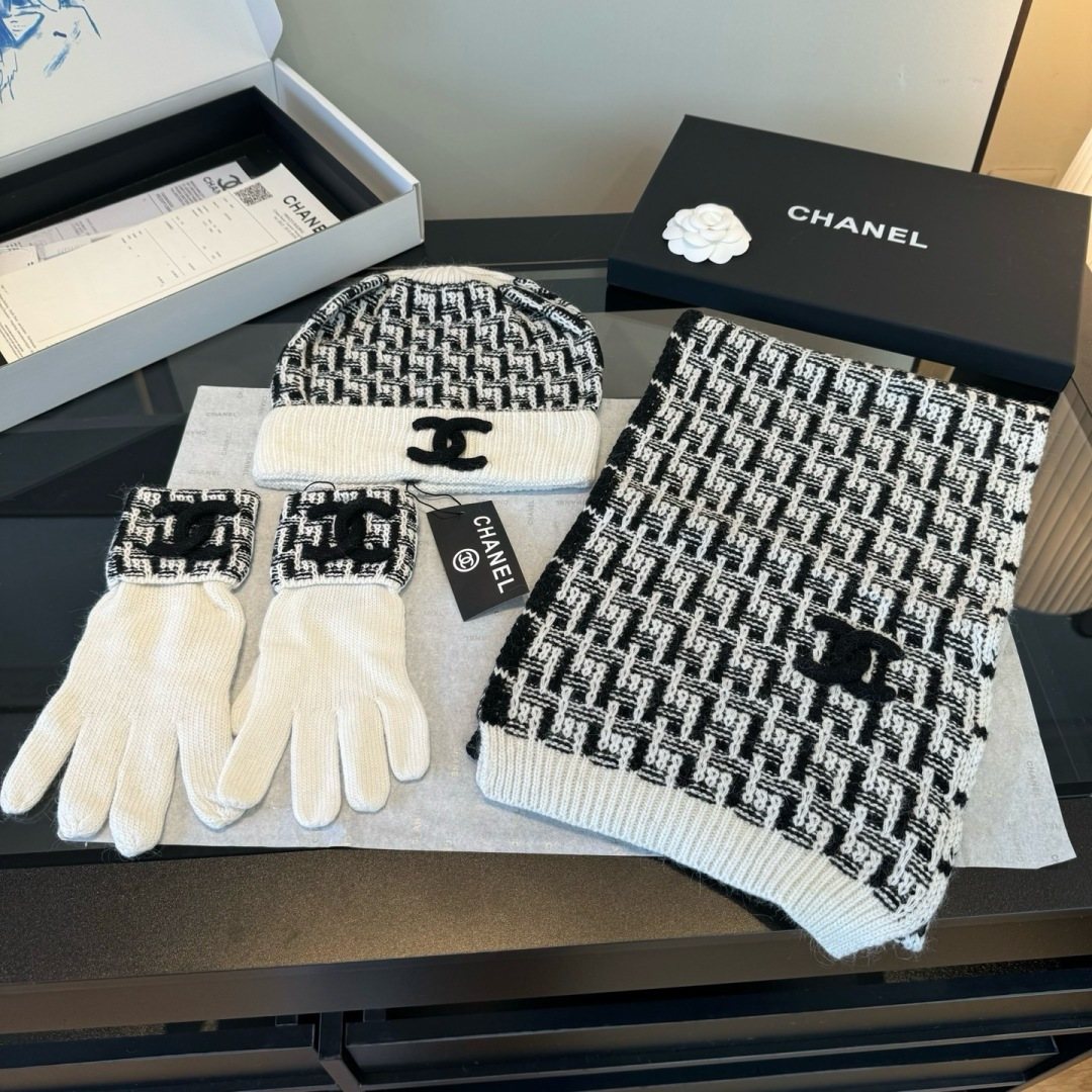 Chanel Logo Knit Hat, Scarf & Gloves Set