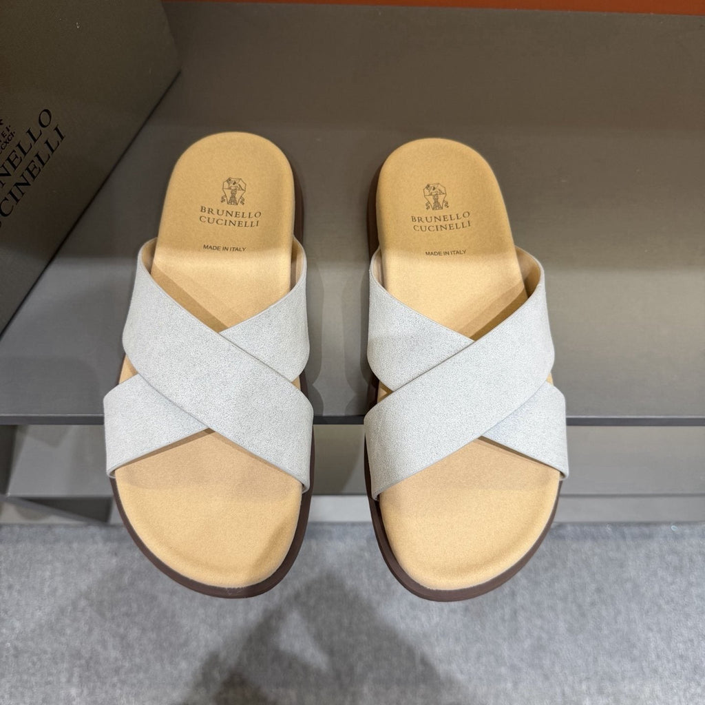Brunello Cucinelli Men's Cross-Strap Slide Sandals - Contoured Footbed