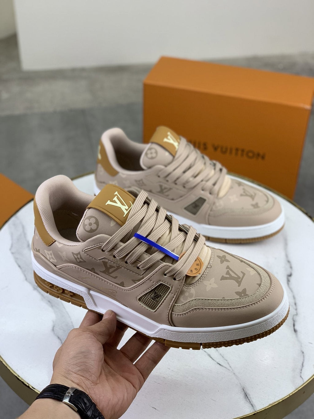 Louis Vuitton Beige, White & Gold Low-Top Sneakers