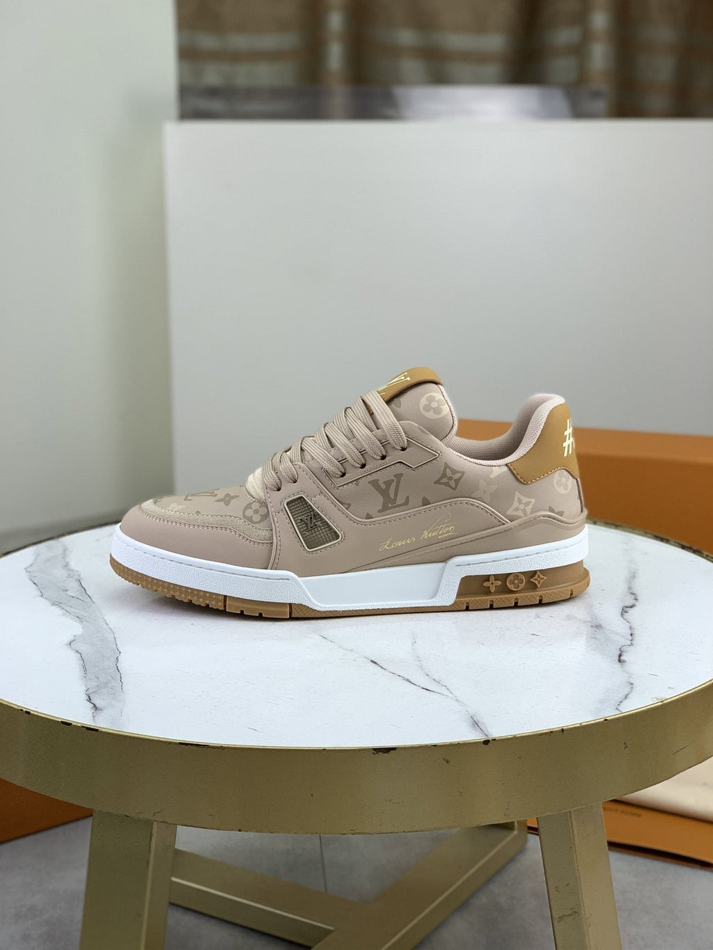 Louis Vuitton Beige, White & Gold Low-Top Sneakers
