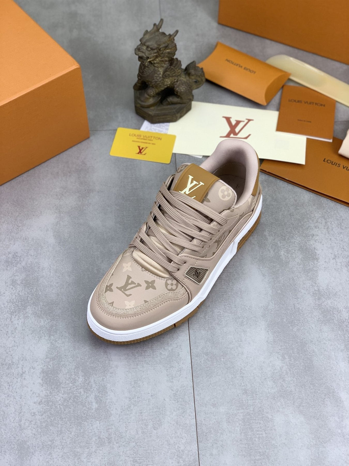 Louis Vuitton Beige, White & Gold Low-Top Sneakers