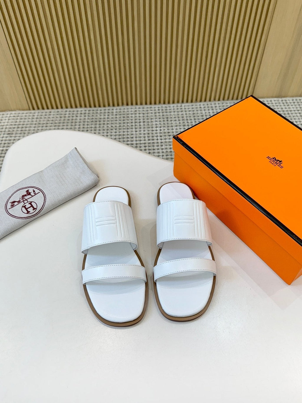 Hermes Ribbed Two-Strap Slide Sandals