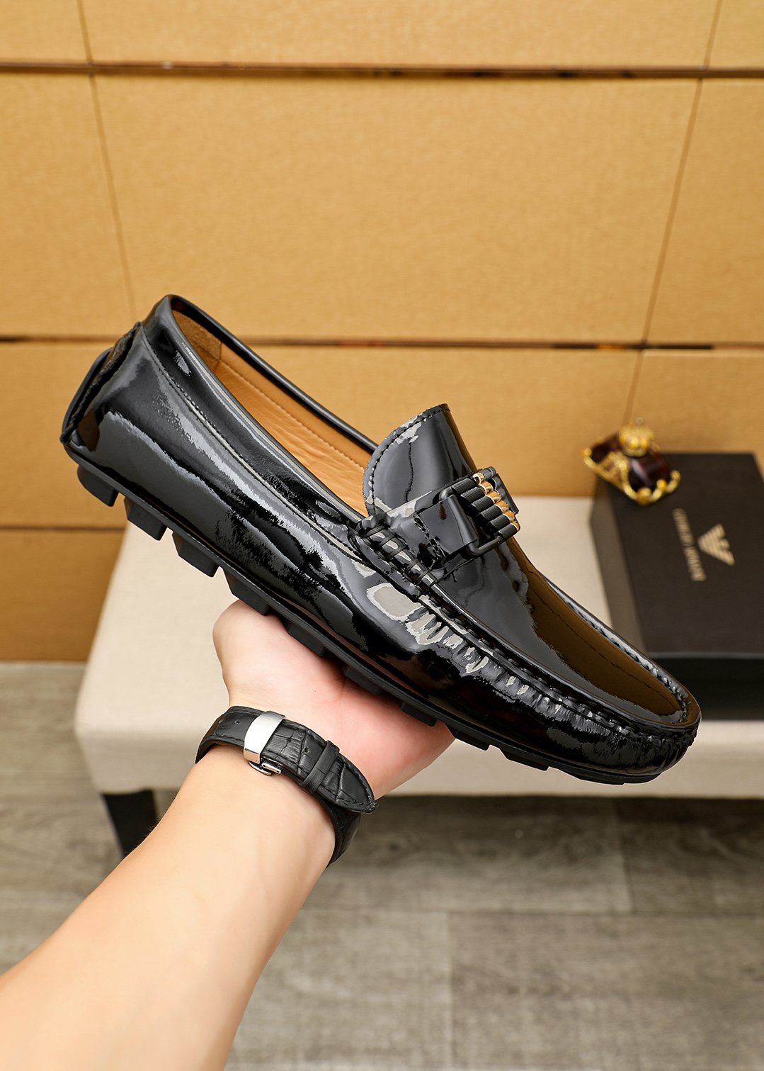 Giorgio Armani Black Leather Driving Loafers
