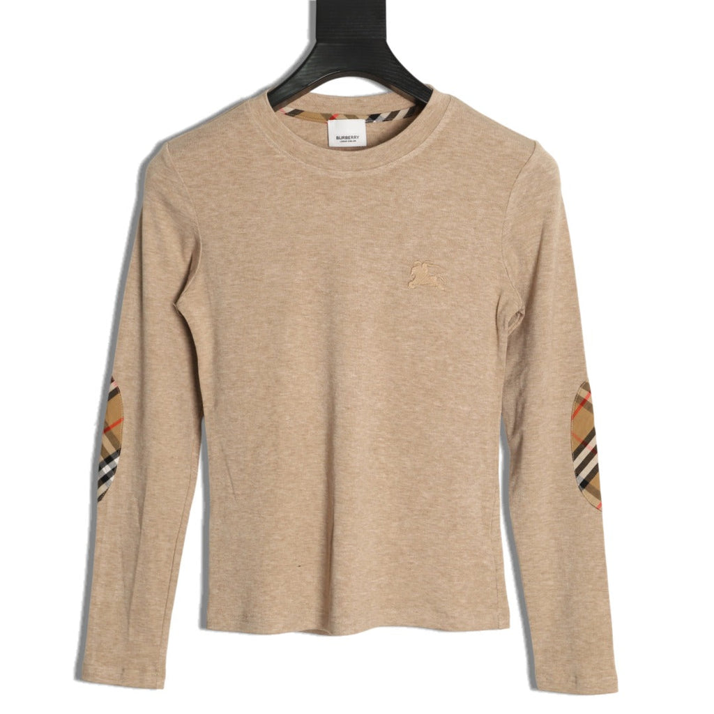 Burberry Equestrian-Detail Check Elbow-Patch Long-Sleeve Top - Light Taupe